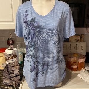 B womens JMS blue animal print short sleeve stretch plus size top XL